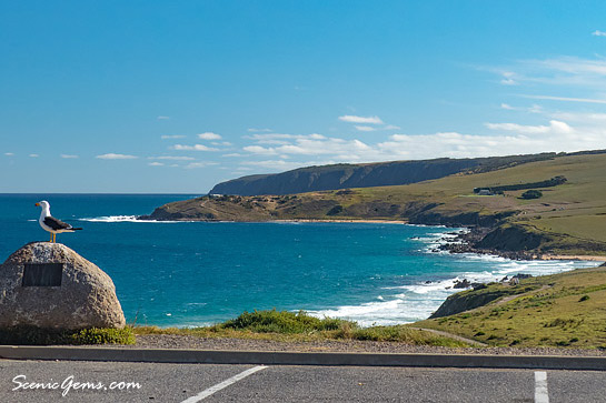 View of coastline from the carpark at Rosetta Head, looking out over Petrel Cove