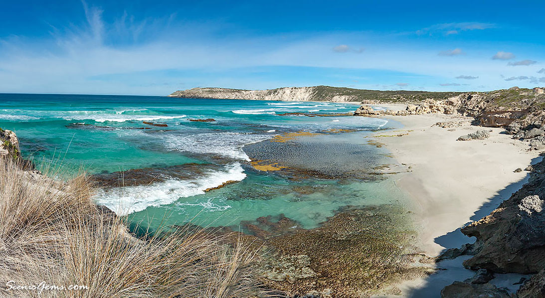 View of beach and coastline at Pennington Bay, Kangaroo Island, South Australia.
