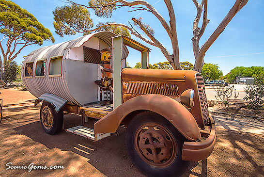 Classic truck and tin robot driver at the sculpture park, Hyden, regional Western Australia