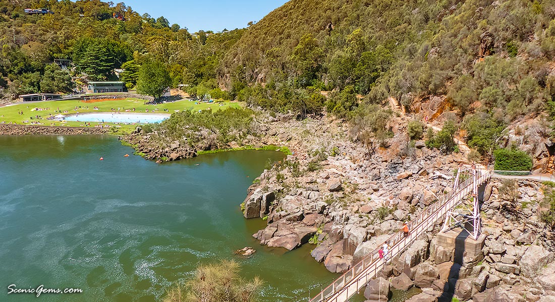 Suspension bridge and swimming pool at First Basin - Cataract Gorge, Launceston, Tasmania