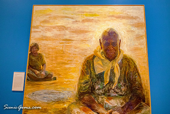 Portrait titled Emily Kame Kngwarrey with Lily, painted by Jenny Sages. National Portrait Gallery, Canberra, ACT, Australia