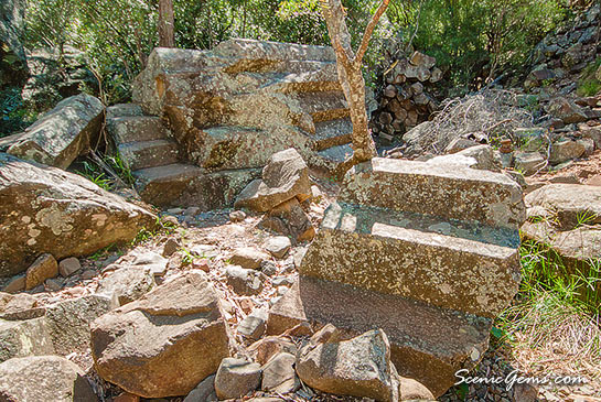 Fallen hexagonal-shaped rocks. Sawn Rocks, Mount Kaputar National Park, New South Wales, Australia